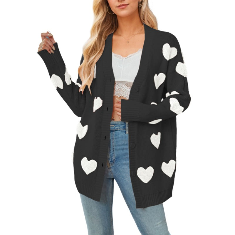Wholesale Valentine's Day Heart Knitted Cardigan V-neck Button Midi-length Coat