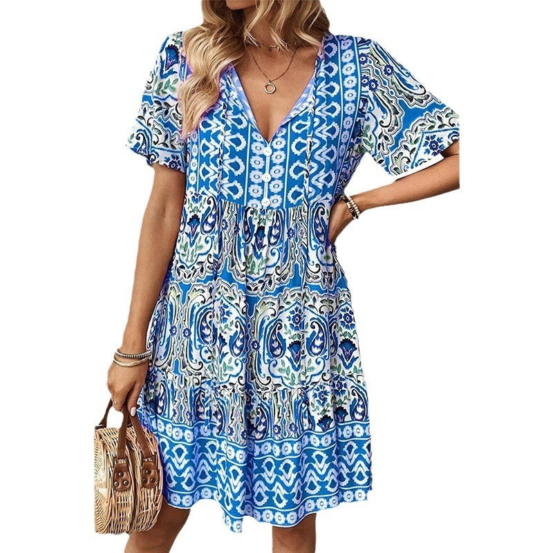 Wholesale Loose V Neck Fashion Bohemian Print Dress