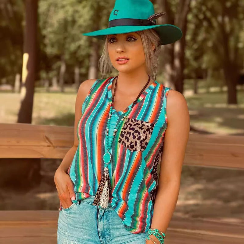 Wholesale Leopard Print Striped Loose Stitching Pullover Vest Top