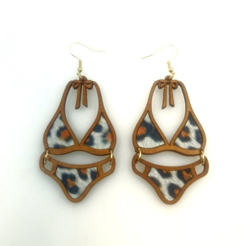 Wholesale Wood Cutting Hollow Double-layer Adhesive Leather Personalized and Fashionable Leopard Print Earrings