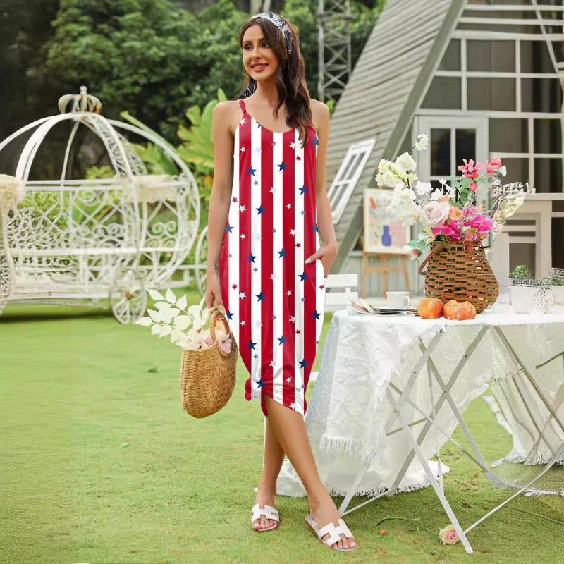 Wholesale Independence Day Flag Printed Suspender Pocket Fashion Dress