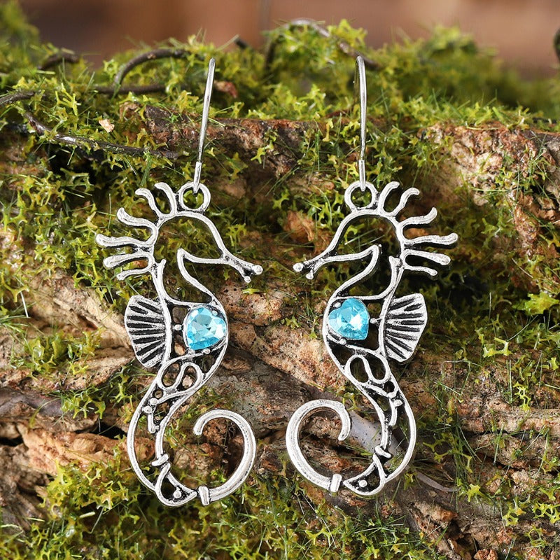 Wholesale Blue Gem Hollow Design Seahorse Fashion Creative Marine Life Earrings