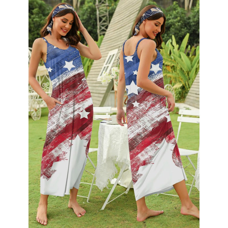 Wholesale Independence Day Flag Printed Suspender Pocket Fashion Dress