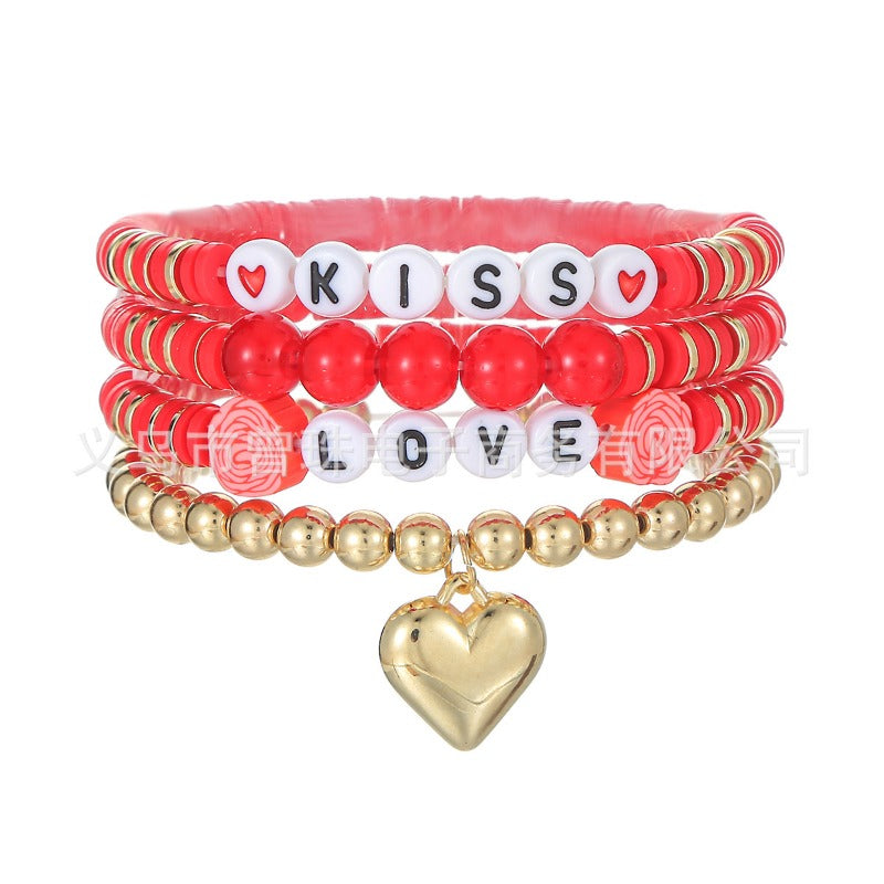 Wholesale Valentine's Day Multi layered Pink Love Soft Ceramic Bead Elastic Bracelet