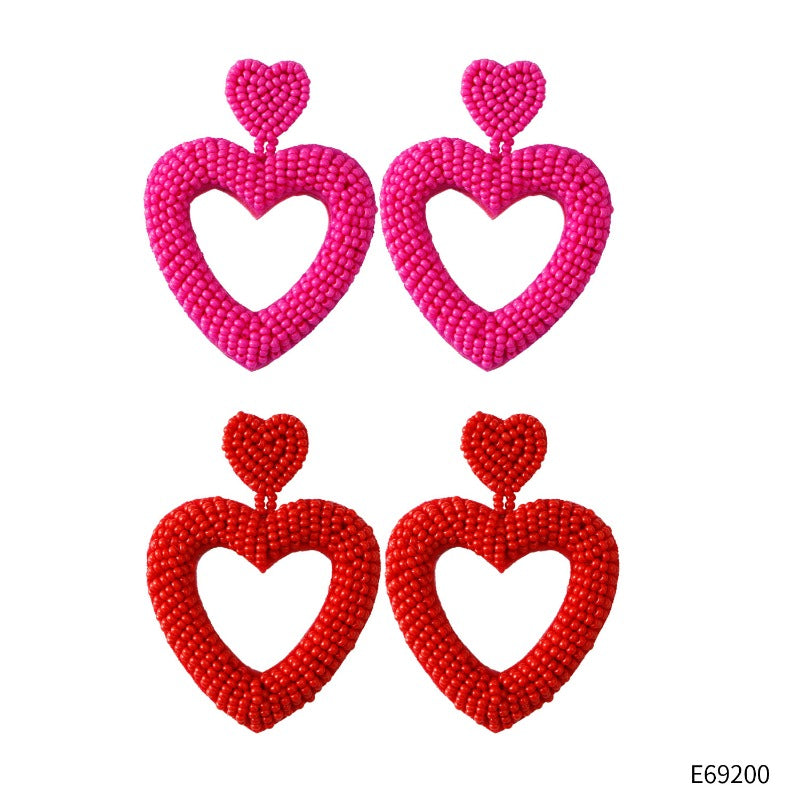 Wholesale Valentine's Day Love Handmade Romantic Heart Shaped High Quality Rice Bead Red Earrings
