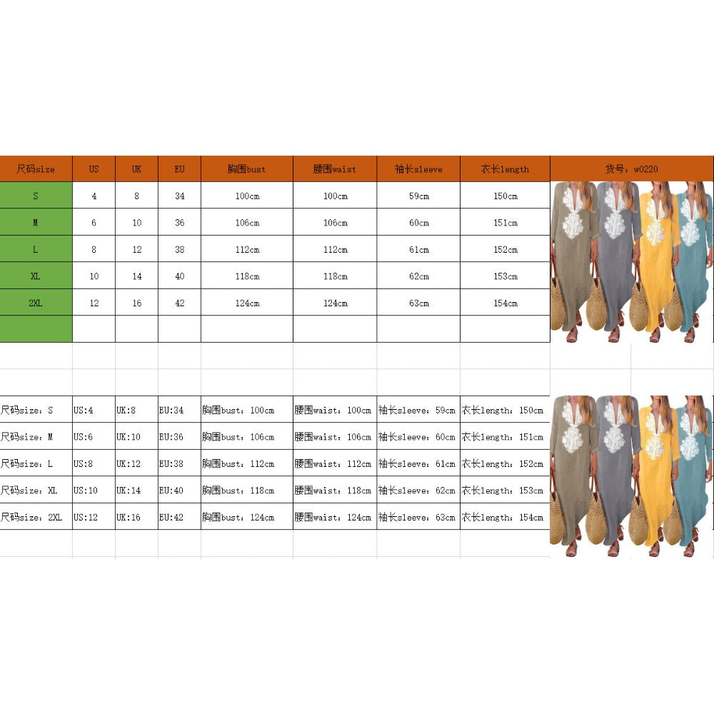 Wholesale V-neck Loose Long Sleeve Cotton and Linen Women's Dress