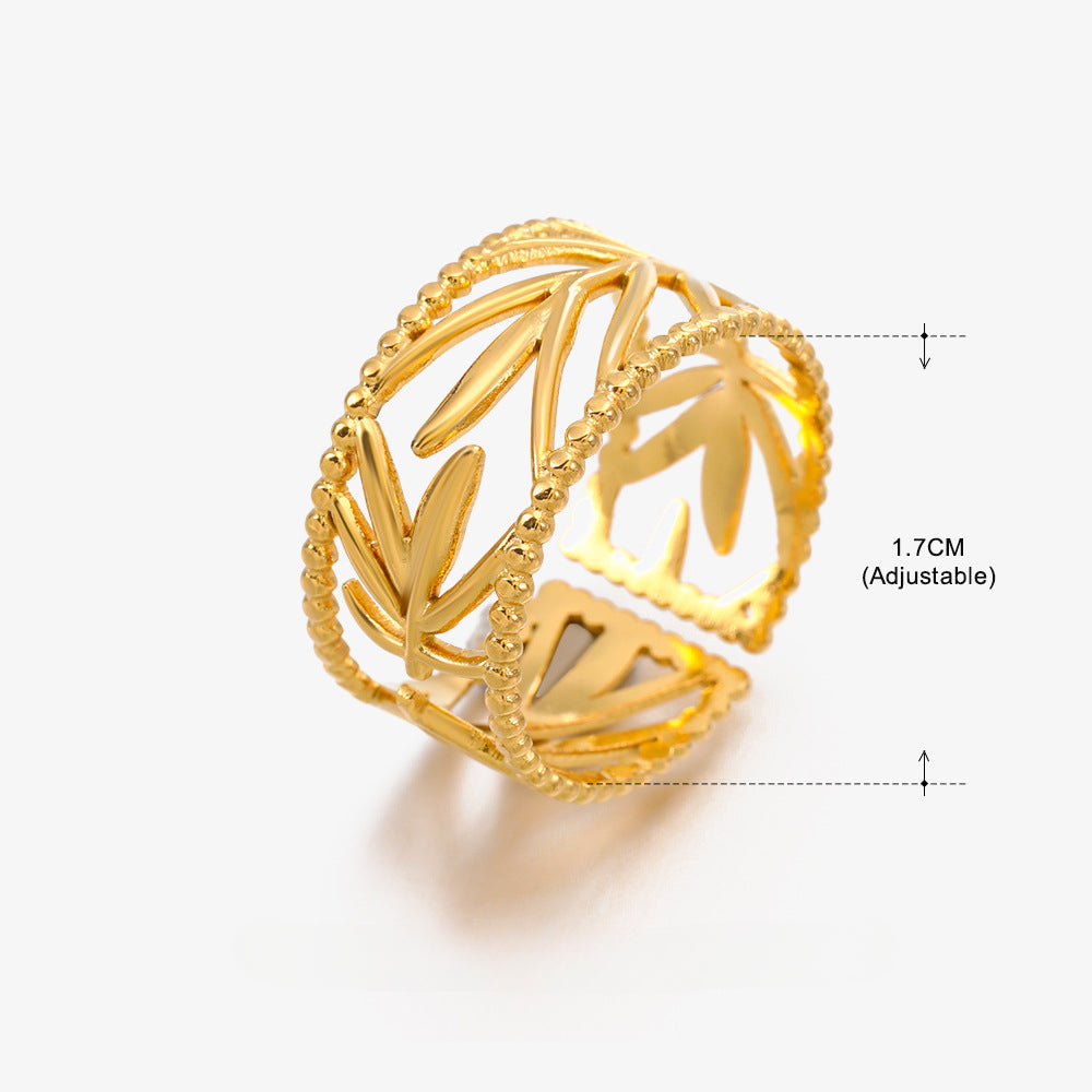 Wholesale Open Adjustable Leaf Gold Stainless Steel Ring