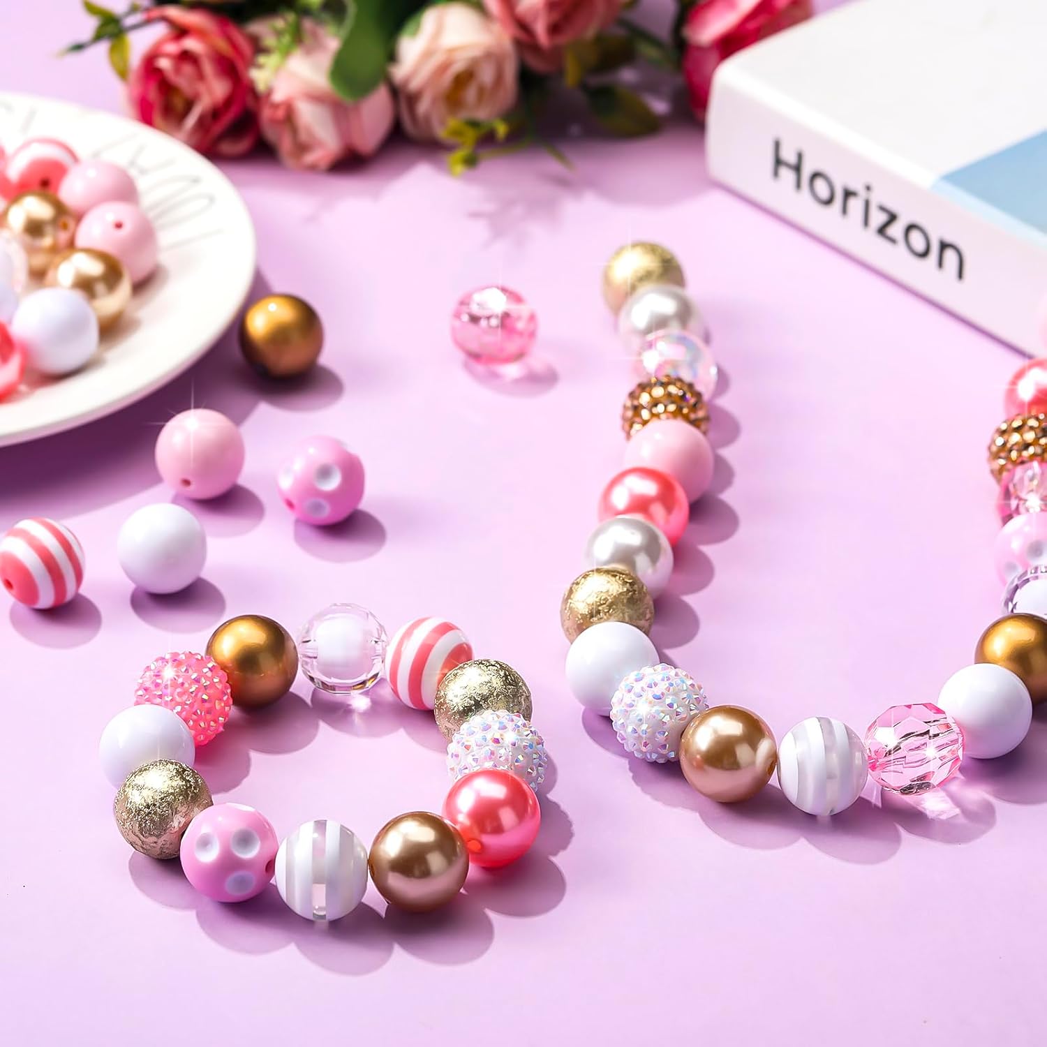 Wholesale 50Pcs Colorful Chunky Bubblegum Beads 20mm Round Chunk Beads Plastic Rhinestone Large Beads for Pen Jewelry Chain Making Bag Craft Spacer Supplies Wedding Garland DIY (Pink Gold,Classic)