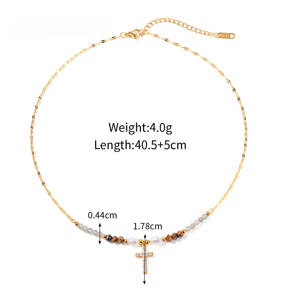 Wholesale Freshwater Pearl Inlaid Zirconium Cross Titanium Steel Necklace
