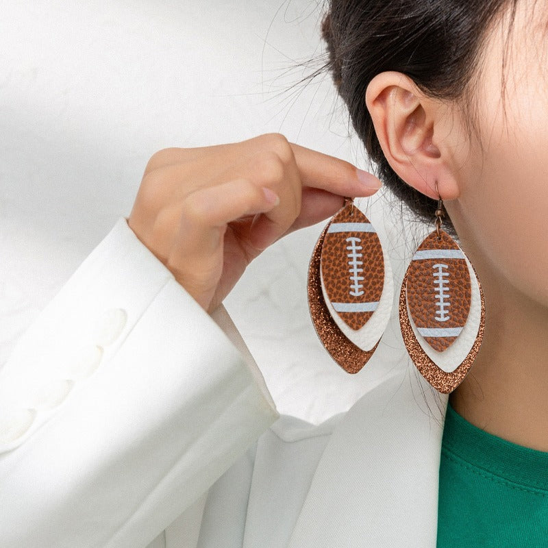 Wholesale Sports Style Rugby Brown Leopard Print Leaf Three-layer Leather Dot Diamond Rugby Earrings