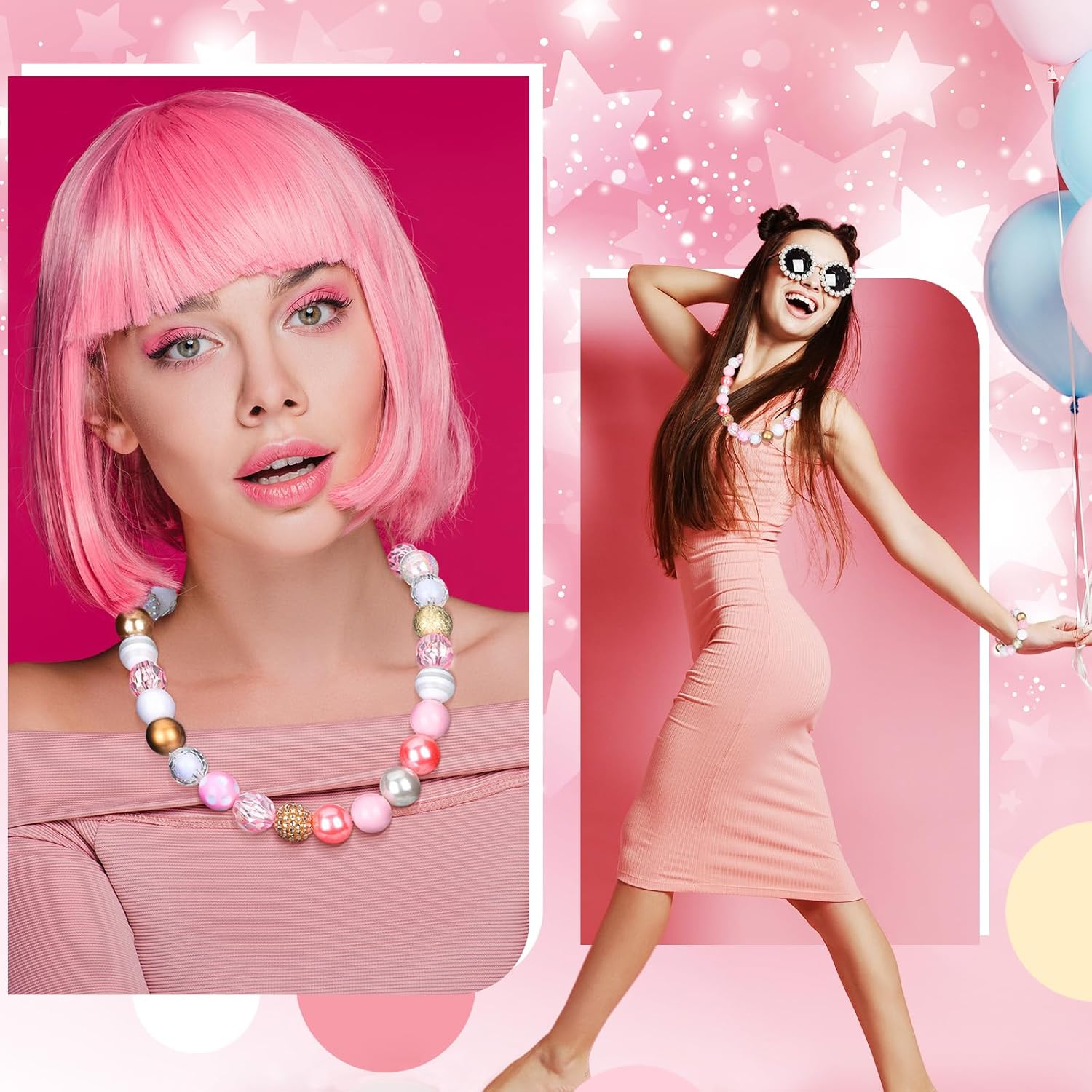 Wholesale 50Pcs Colorful Chunky Bubblegum Beads 20mm Round Chunk Beads Plastic Rhinestone Large Beads for Pen Jewelry Chain Making Bag Craft Spacer Supplies Wedding Garland DIY (Pink Gold,Classic)