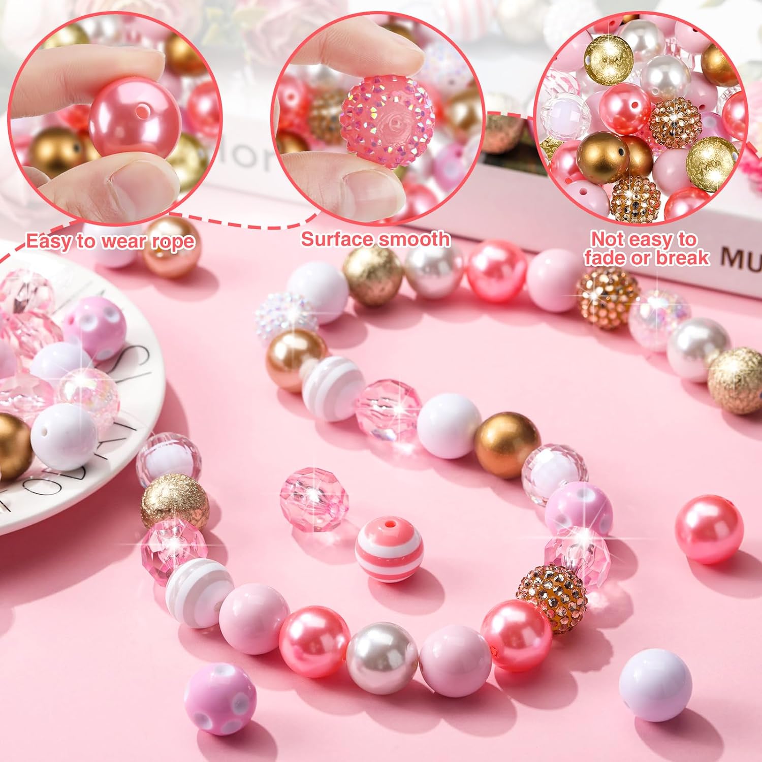 Wholesale 50Pcs Colorful Chunky Bubblegum Beads 20mm Round Chunk Beads Plastic Rhinestone Large Beads for Pen Jewelry Chain Making Bag Craft Spacer Supplies Wedding Garland DIY (Pink Gold,Classic)