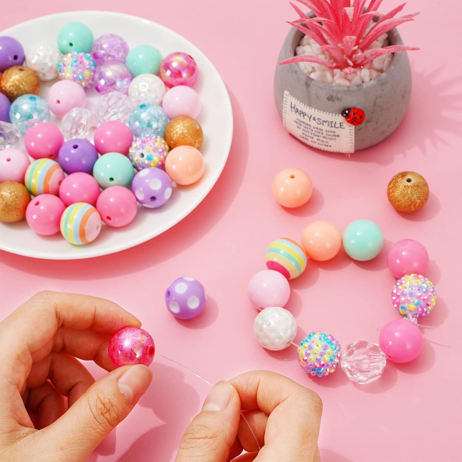 Wholesale Whaline 50Pcs Chunky Bubblegum Beads 20mm Macaron Colorful Beads 12 Styles Mixed Jumbo Plastic Beads Set Colorful Spacer Bead Chunky Beads for DIY Jewelry Making