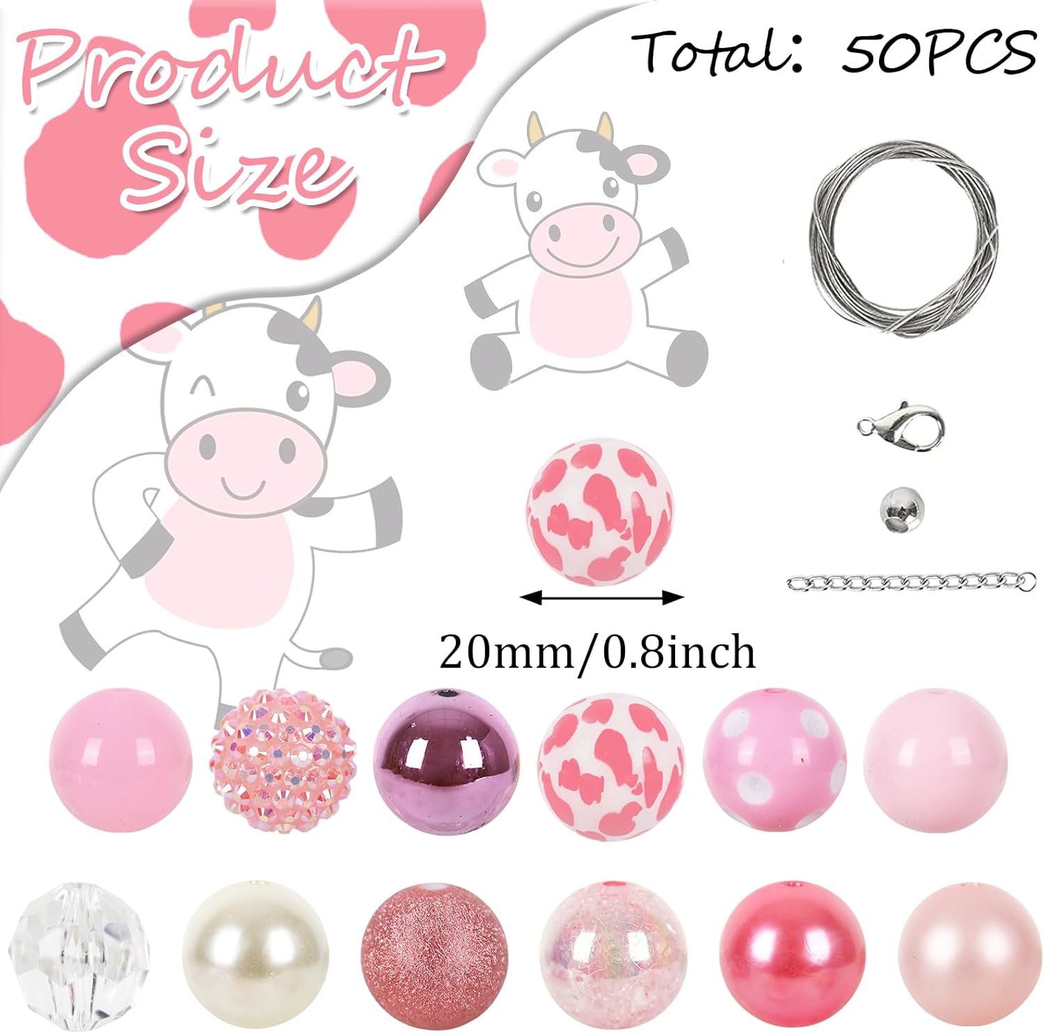 Wholesale Whaline 50Pcs Chunky Bubblegum Beads 20mm Brown White Cow Beads 12 Styles Mixed Chocolate Milk Beads Set Spacer Bead Chunky Beads Jumbo Plastic Beads for DIY Jewelry Making