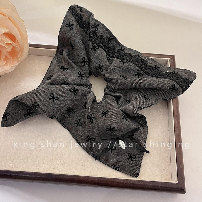 Wholesale Gray Bow Square Scarf Retro High-end Oversized Lace Hair Rope
