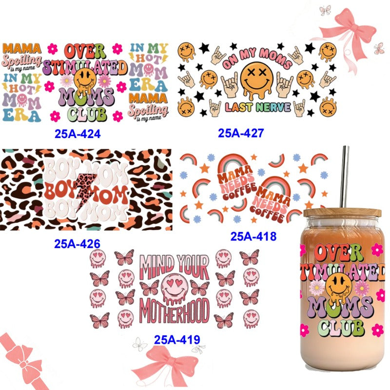 Wholesale 1pcs/5pcs Mother's Day Colorful Letter Emoji Little Pink Butterfly 16 Oz Cup UV DTF Wraps
