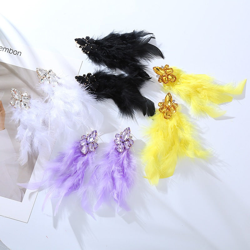 Wholesale Alloy Diamond Feather Flower Long Temperament Tassel Earrings