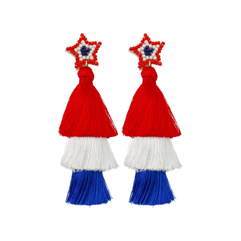Wholesale American Flag Hand-woven Red, Blue and White Tassel Earrings