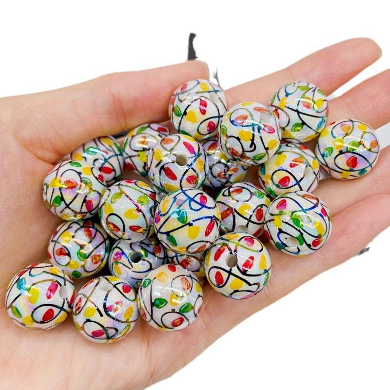 Wholesale 100pcs Christmas Series Acrylic Printed Lantern Thread Round Beads DIY Mobile Phone Chain Accessories Beads