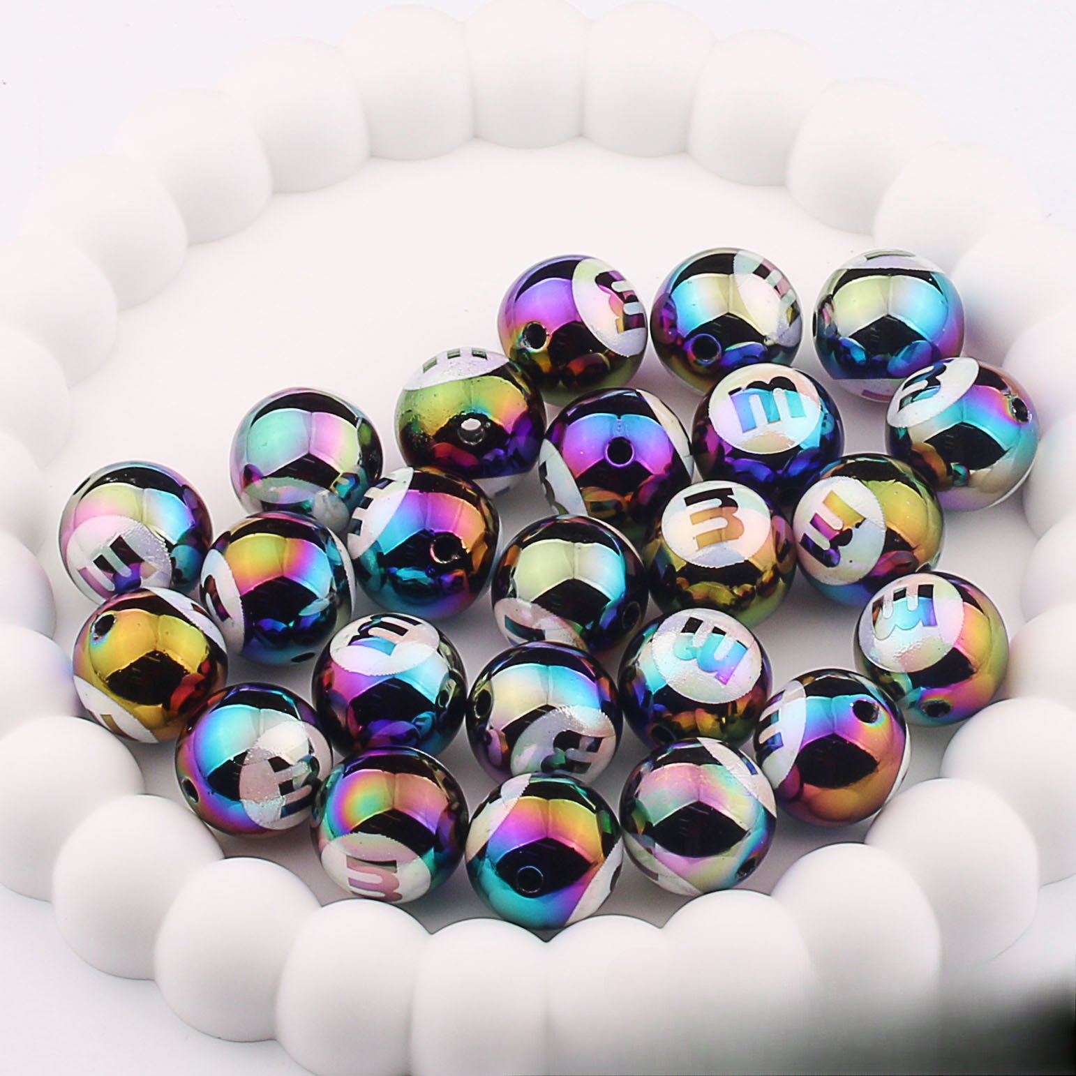 Wholesale 20pcs Acrylic UV Plating Engraving M Bean Straight Hole Two-color DIY Beads