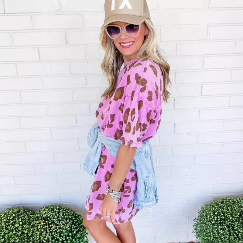 Wholesale Leopard Print Round Neck Loose Dress