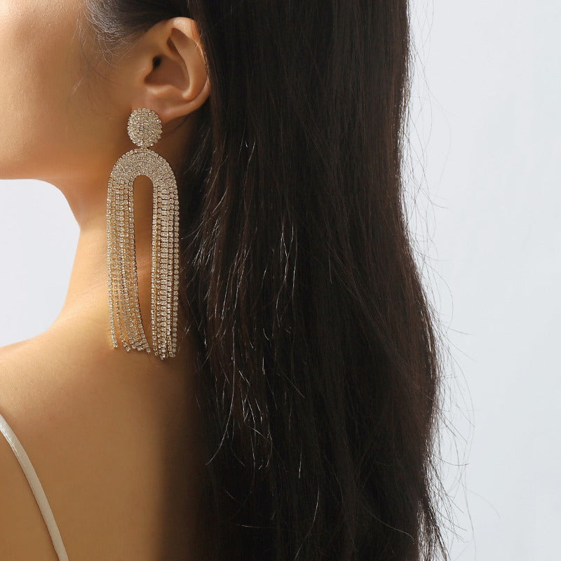 Wholesale U-shaped Full Diamond Tassel Earrings