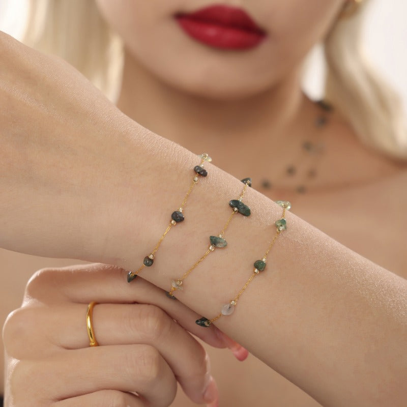 Wholesale Natural Crushed Crystal Stone Grass Green Necklace Bracelet Stainless Steel Handmade Chain Jewelry Set