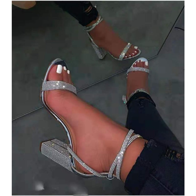 Wholesale Rhinestone Thick Heel High Heel Ankle Buckle PU Sandals
