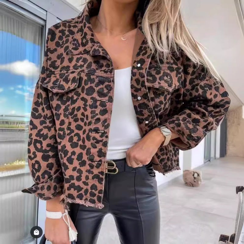 Wholesale Hipster Washed Distressed Leopard-print Raw-edged Denim Jacket