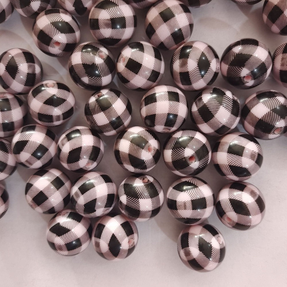 Wholesale 5pcs 20MM White Pink and Black Plaid Printed Beads