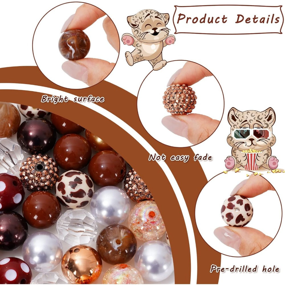Wholesale Whaline 50Pcs Chunky Bubblegum Beads 20mm Brown White Cow Beads 12 Styles Mixed Chocolate Milk Beads Set Spacer Bead Chunky Beads Jumbo Plastic Beads for DIY Jewelry Making