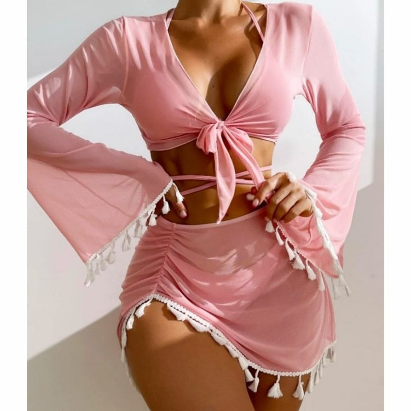 Wholesale Solid Color Tassel Blouse Mesh Skirt Four-piece Swimsuit
