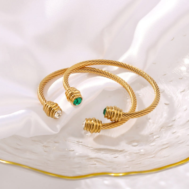 Wholesale Design Steel Bar Pattern Stainless Steel Inlaid Zircon Light Bulb Female Open Titanium Steel 118K Gold Bracelet