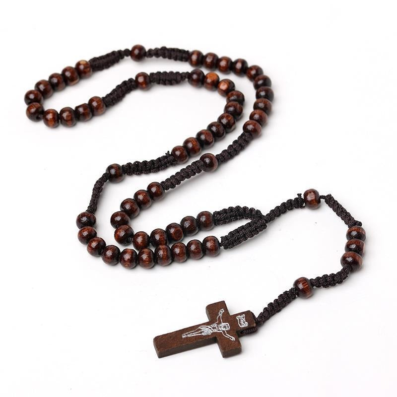 Wholesale Natural Wood Bead Cross Handmade Woven Necklace