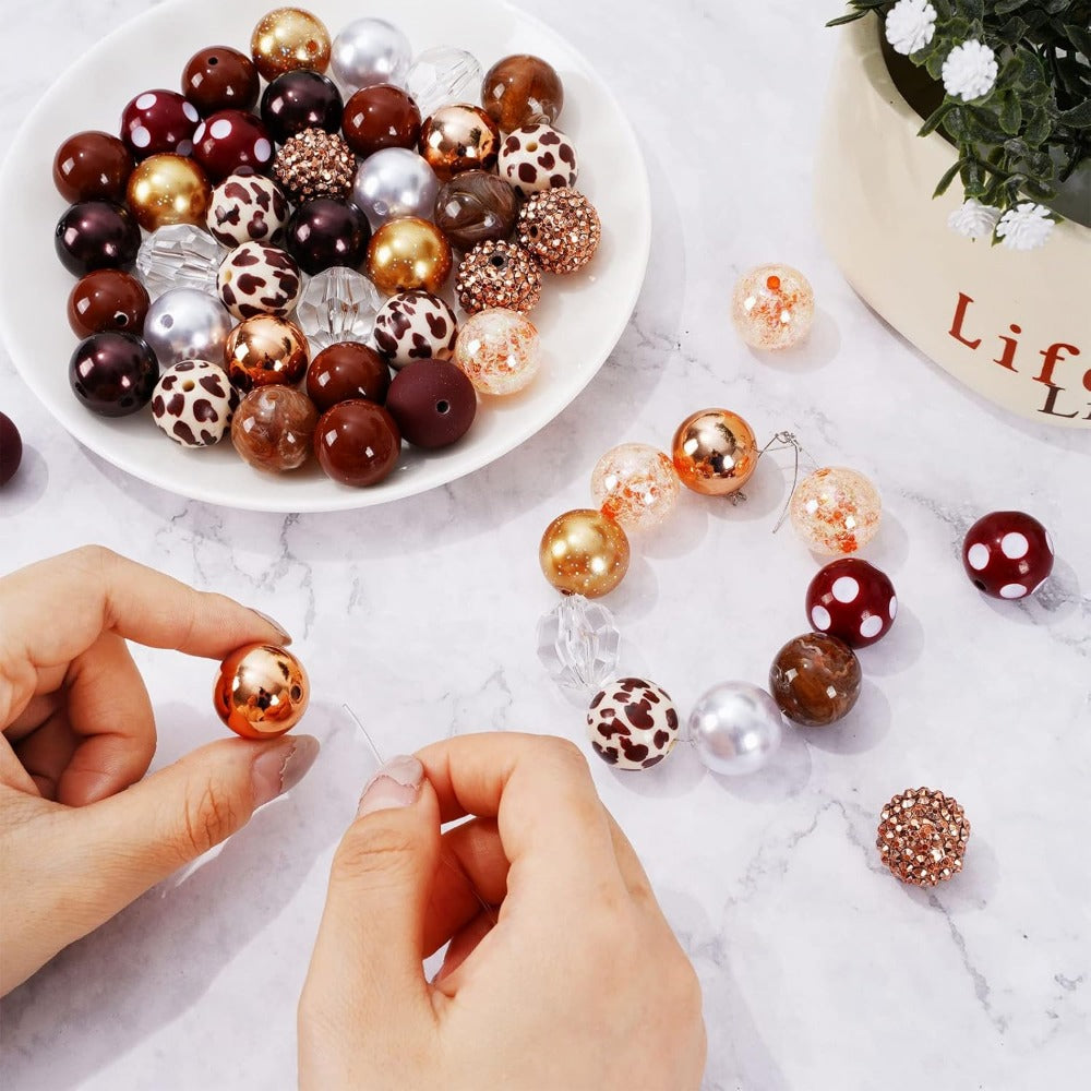 Wholesale Whaline 50Pcs Chunky Bubblegum Beads 20mm Brown White Cow Beads 12 Styles Mixed Chocolate Milk Beads Set Spacer Bead Chunky Beads Jumbo Plastic Beads for DIY Jewelry Making