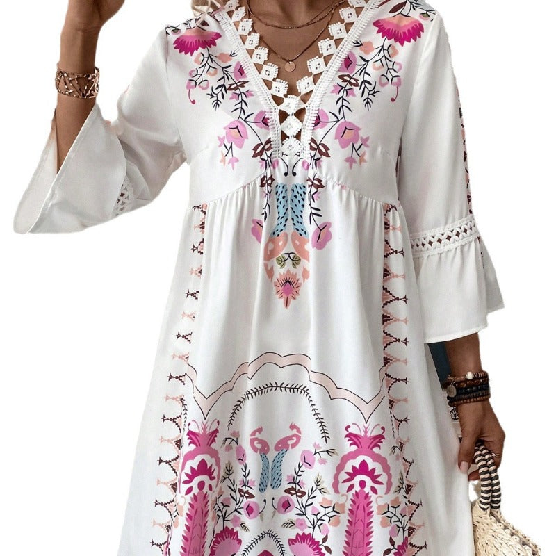 Wholesale V-neck Lace Splicing Casual Versatile Printed Dress