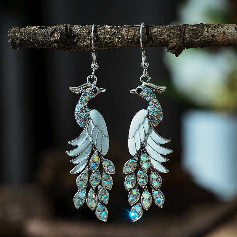 Wholesale Chinese Style Diamond Studded Texture Peacock Retro Earrings