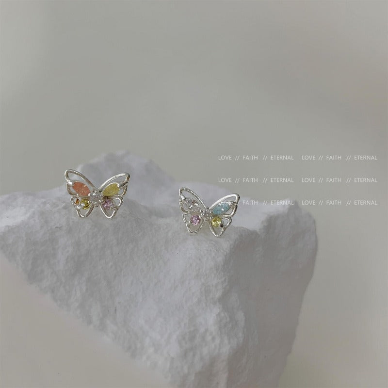 Wholesale 925 Silver Needle Micro Inlaid Zirconia Sweet Mini Pink Blue Small Butterfly Earrings