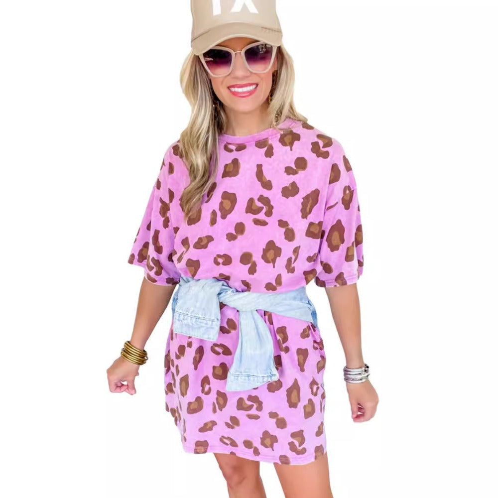 Wholesale One Step Skirt Leopard Print Round Neck Loose Dress