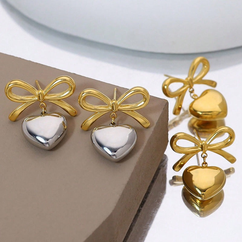 Wholesale Light Luxury Retro Stainless Steel Plated 18k Gold Bow Titanium Steel Heart Earrings