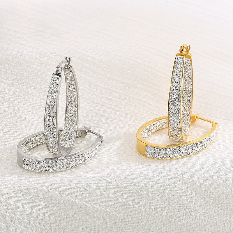 Wholesale U Shape Full Diamond Oval Gold Plated Earrings