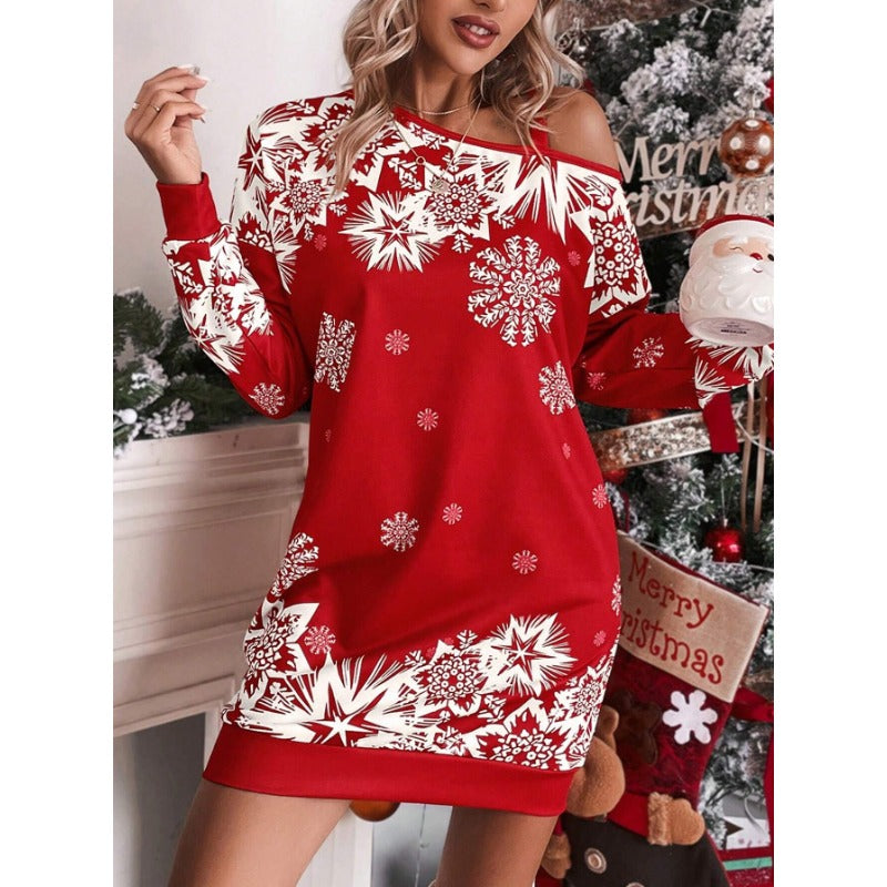 Wholesale Christmas snowflake print diagonal shoulder autumn/winter Women Clothes