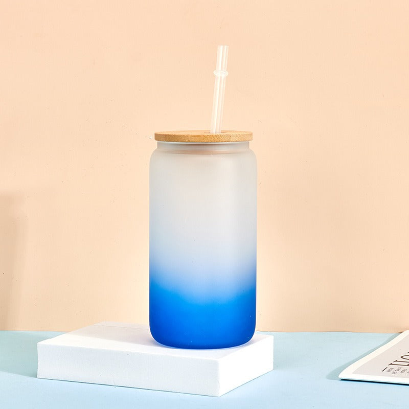 Wholesale Sublimation 16oz Thermal Transfer Frosted Gradient Bamboo Lid Glass