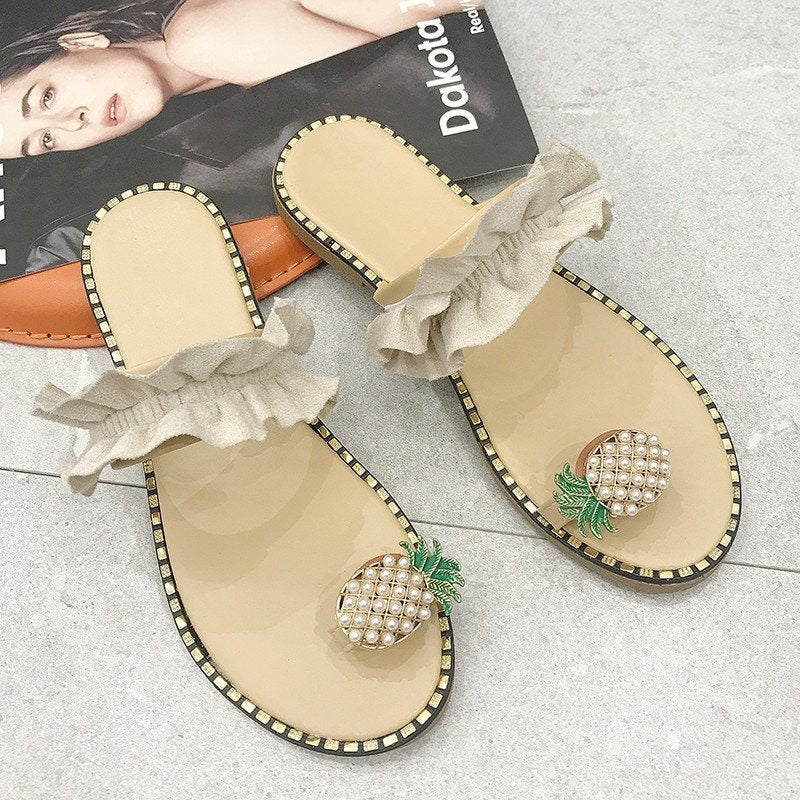 Wholesale Summer Pineapple Lace Toe PU Slippers
