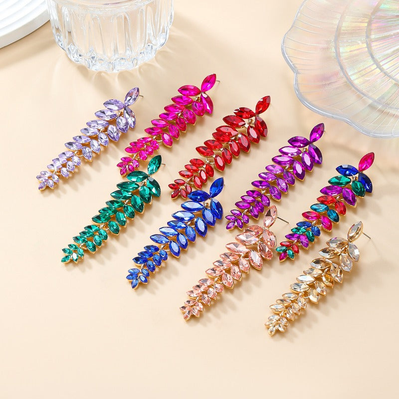 Wholesale Colored Diamond Full Diamond Long Leaf Earrings