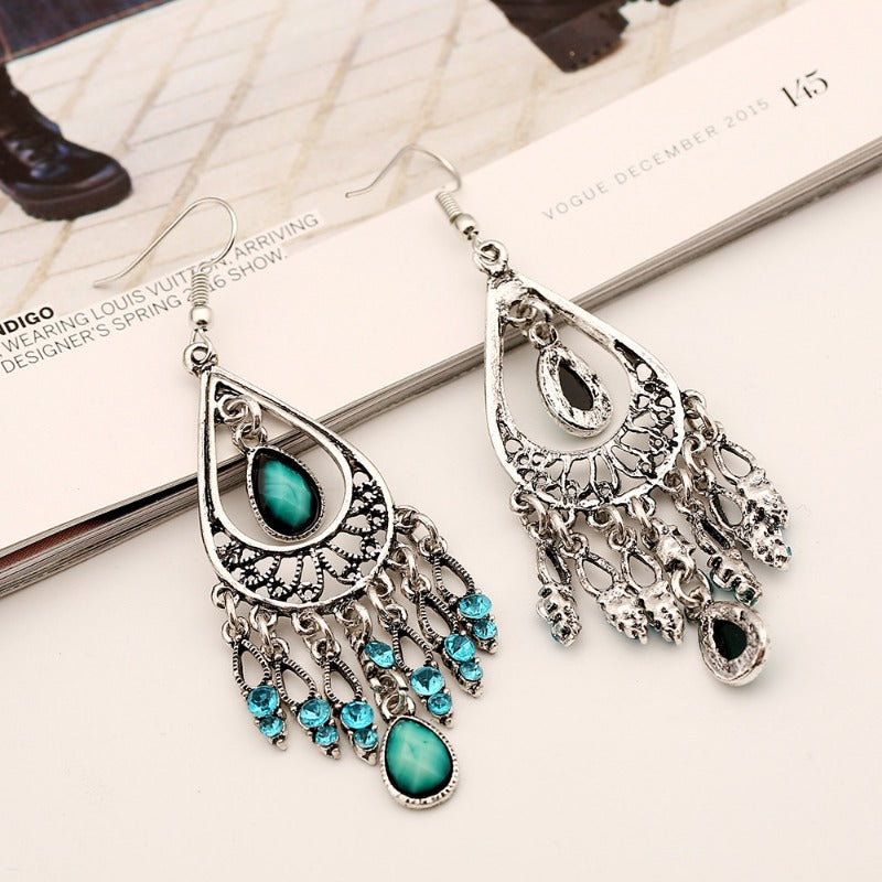Wholesale Fashion Creative Bohemian Vintage Carved Waterdrop Gemstone Tassel Earrings