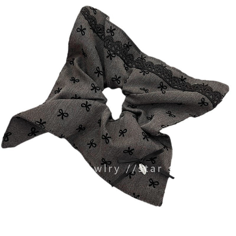 Wholesale Gray Bow Square Scarf Retro High-end Oversized Lace Hair Rope