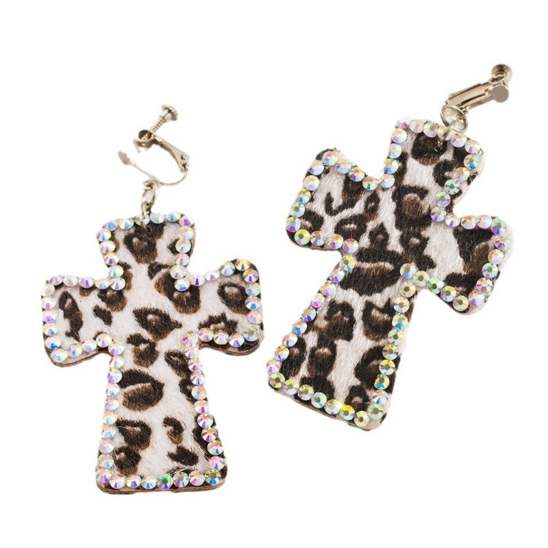 Wholesale Hot Girl Leopard Print Cross Exaggerated Adjustable Earrings