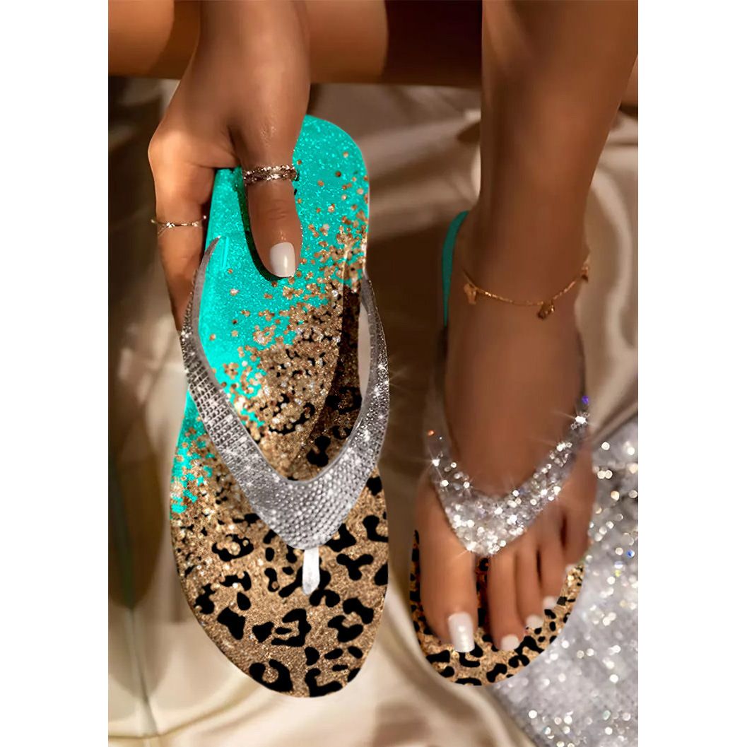 Wholesale Flat Rhinestone Thongs 3D Printed Leopard Print Colorful Sandals