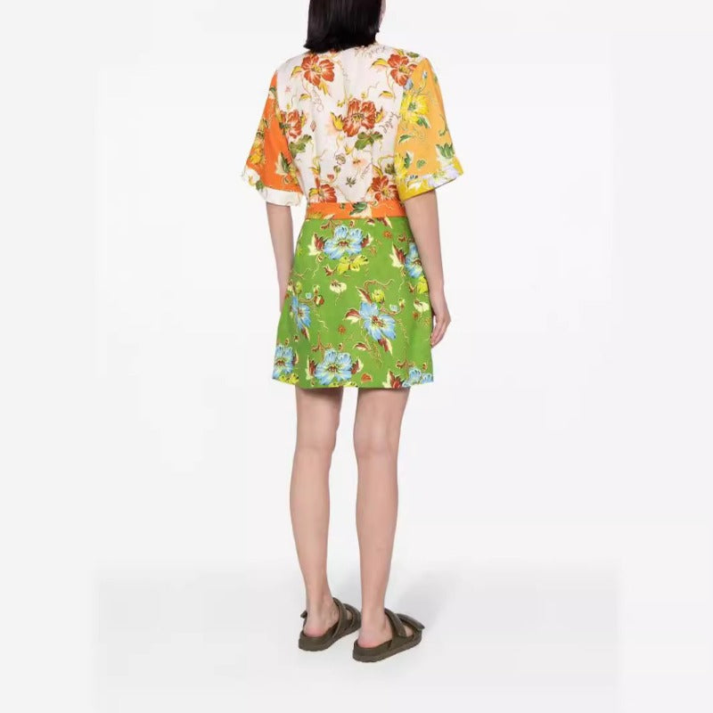 Wholesale Cotton Linen Flower Printing Lace Up Women Clothes